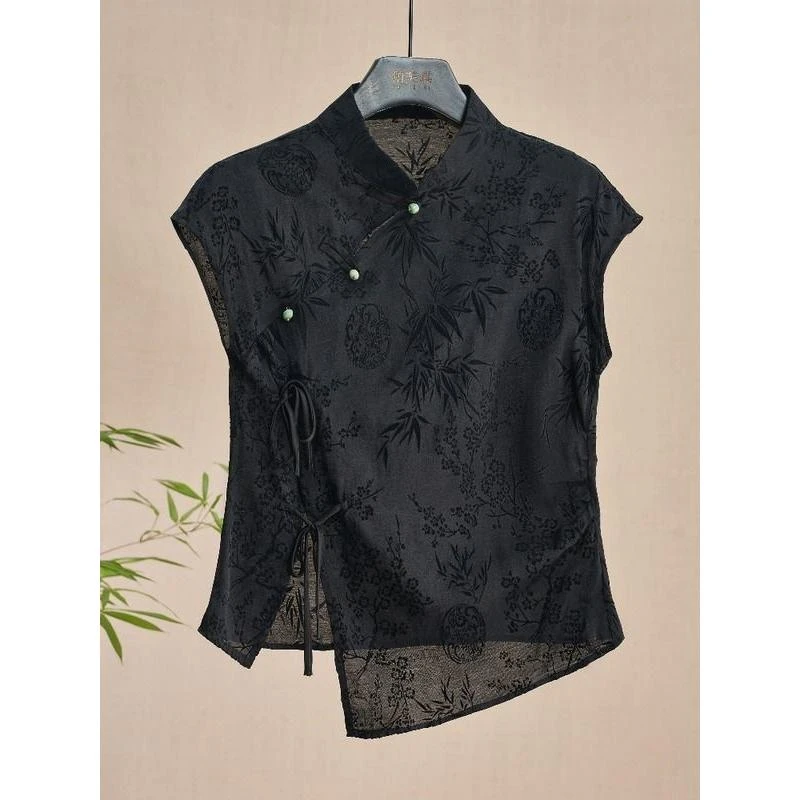 设计感设计感新中式国风旗袍上衣黑色提花正肩短袖t恤2024年新款