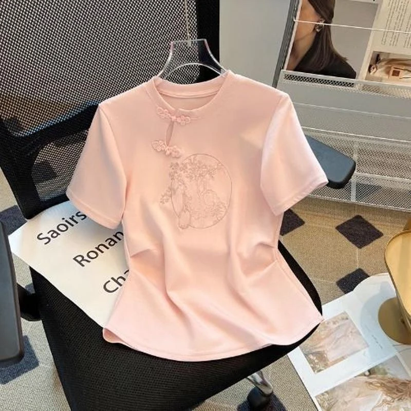 春夏高档好货新中式盘扣刺绣复古短袖T恤爆款夏季新款新中式别致