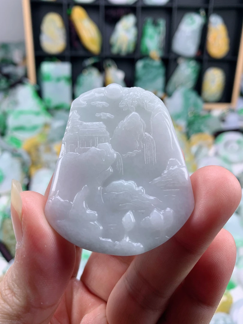 缅甸天然A货翡翠山水牌53.5-43.3-5.1