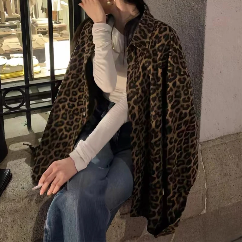 豹纹百搭外套女秋季美式复古休闲宽松廓形夹克设计感小众上衣时尚