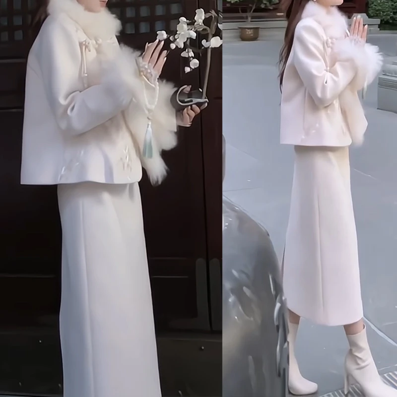 冬季新款设计新中式国风刺绣高级感羽绒小香风毛呢套装裙两件套女