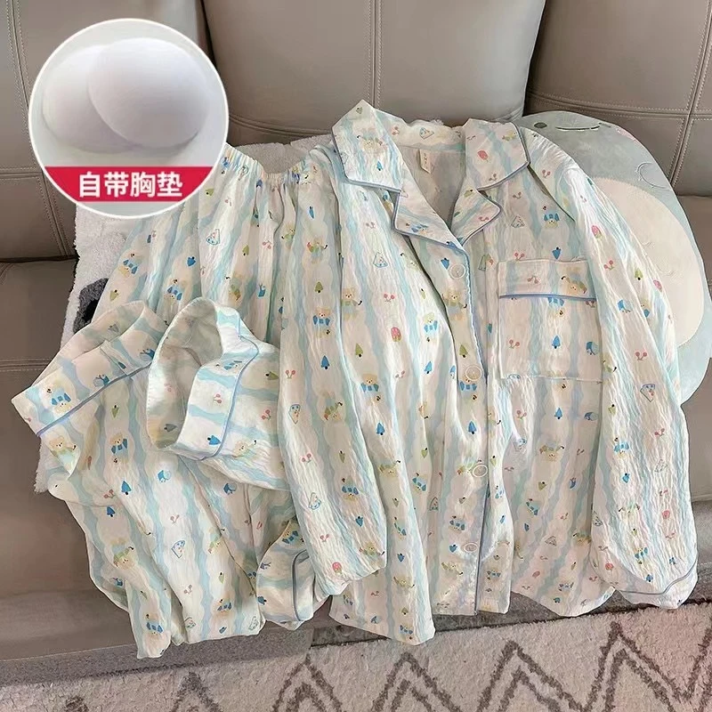秋季新款ins可爱卡通印花少女睡衣长袖长裤带胸垫家居服