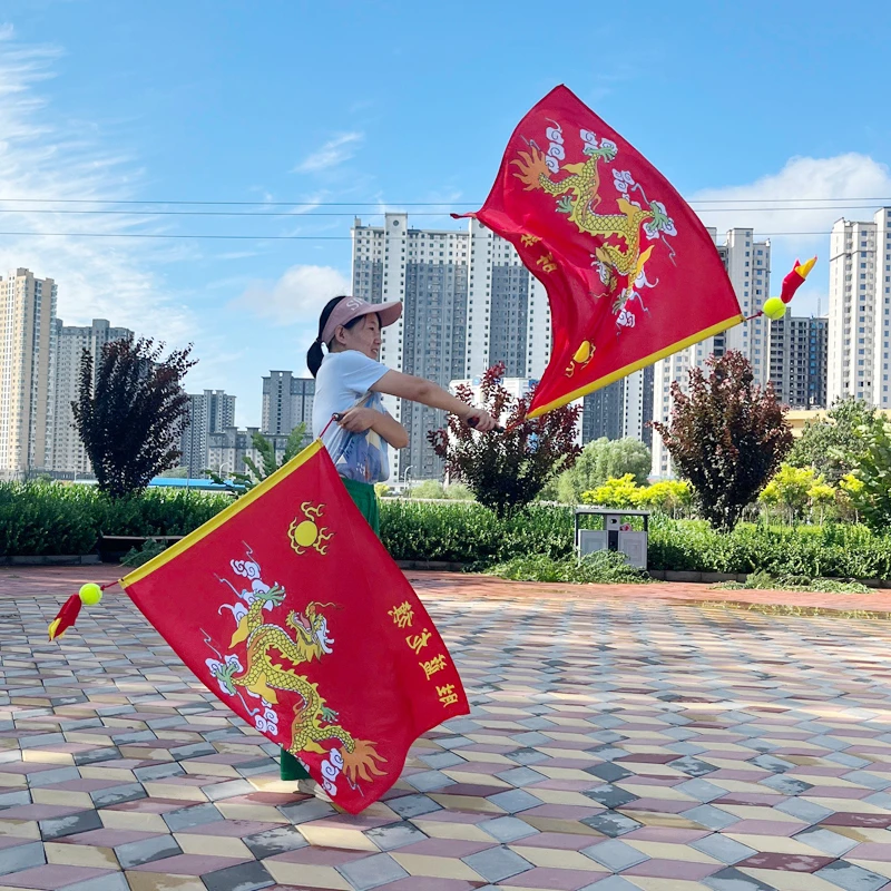 舞龙凤旗双旗中老年广场舞龙健身甩红旗对旗双面印舞龙旗健身