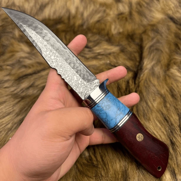 沙铁木稀缺松石大马士革钢多功能户外手把肉刀  户外刀具探险小刀