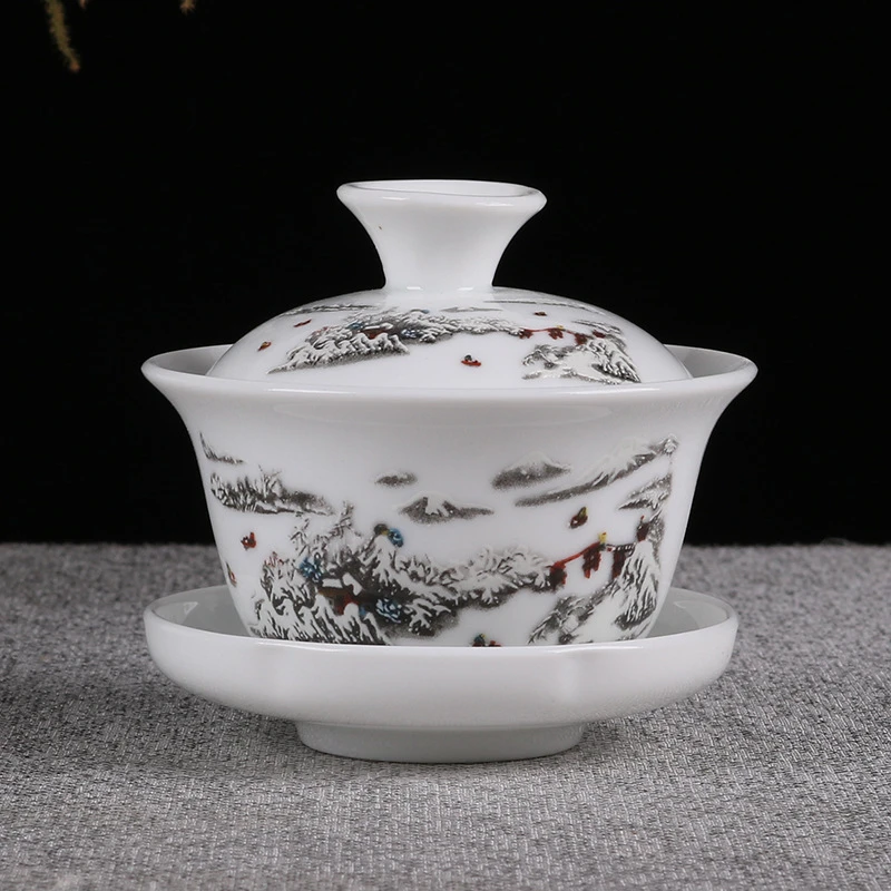 白瓷三才盖碗青花瓷陶瓷功夫盖碗茶具茶杯碗青瓷手抓壶泡茶碗