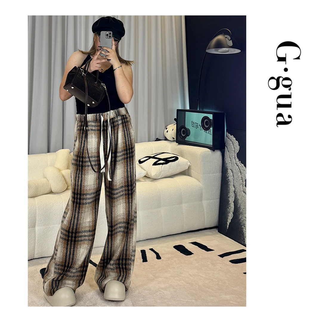 【张_Ggua】大码慵懒风撞色格子阔腿裤秋冬显瘦垂感韩版拖地裤
