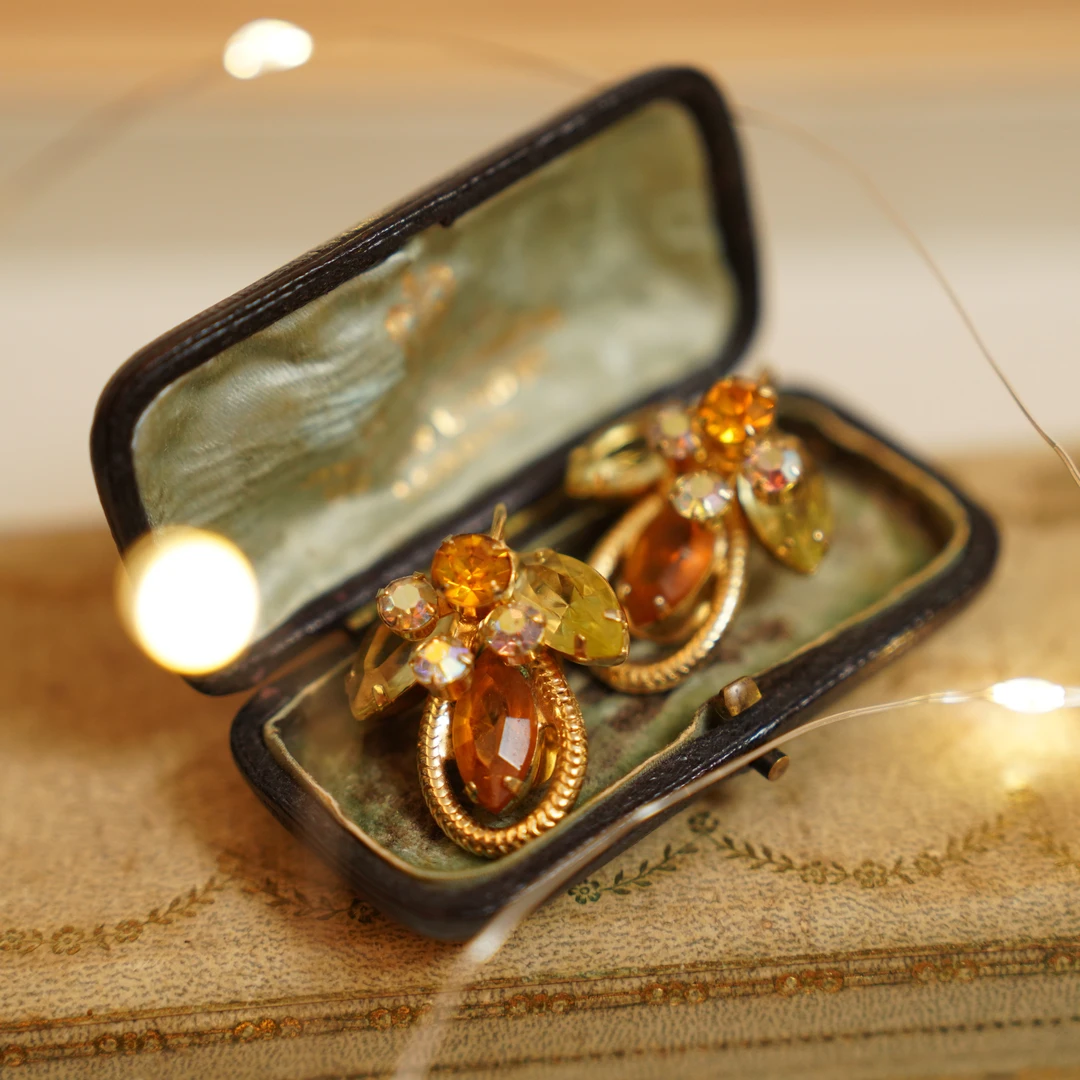 合金仿水晶耳饰 Juliana黄色莱茵石耳夹-樱桃年华中古vintage