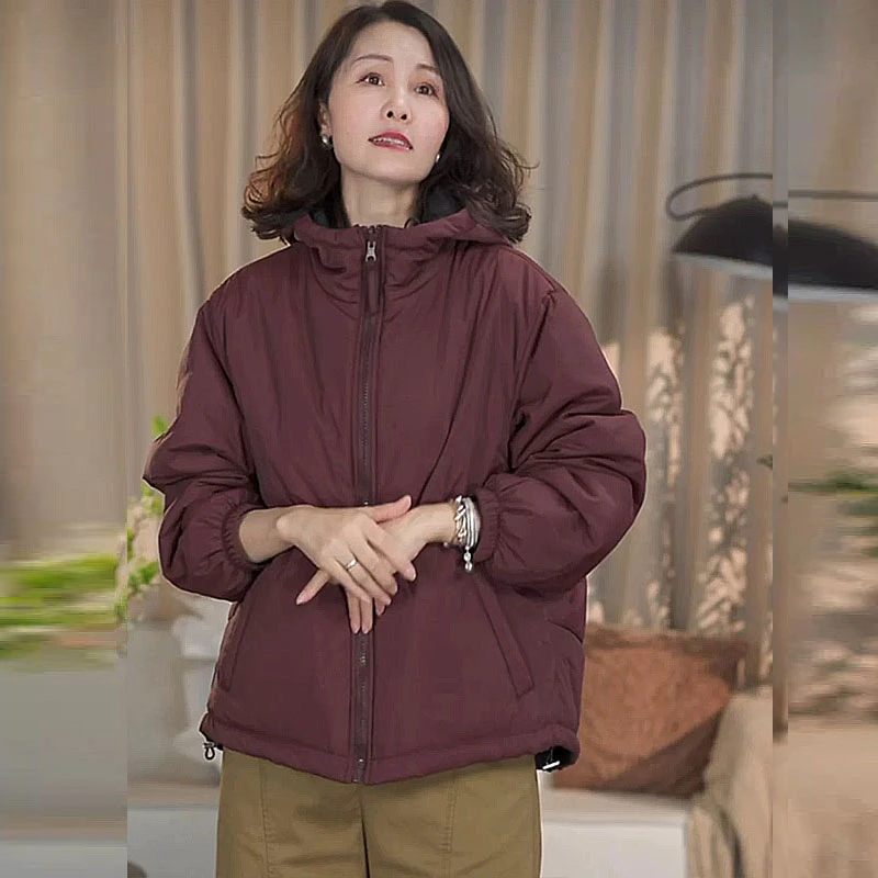 设计感两面穿棉衣女士2025冬季新款保暖百搭连帽外套宽松防风棉服