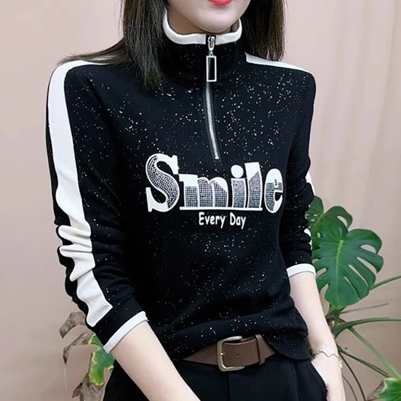 2025冬季新品时尚加绒加厚打底衫长袖保暖T恤字母通勤女士上衣