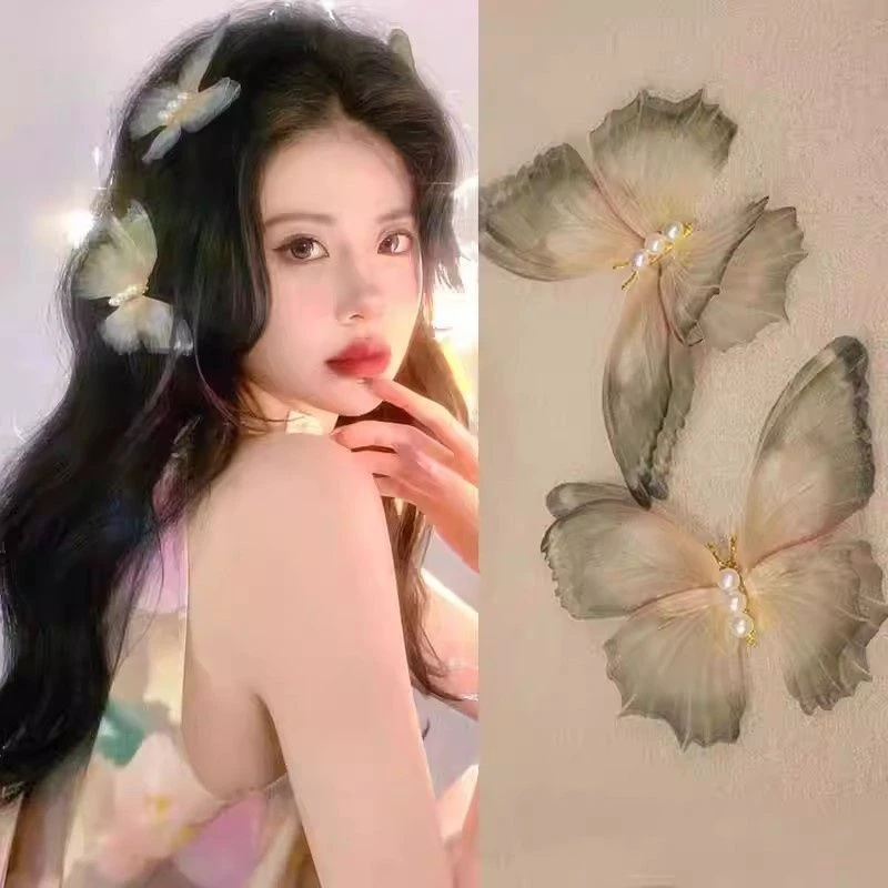 仙气灵动薄纱蝴蝶翅膀发夹女森系仙美高级感边夹发卡头饰古风发饰