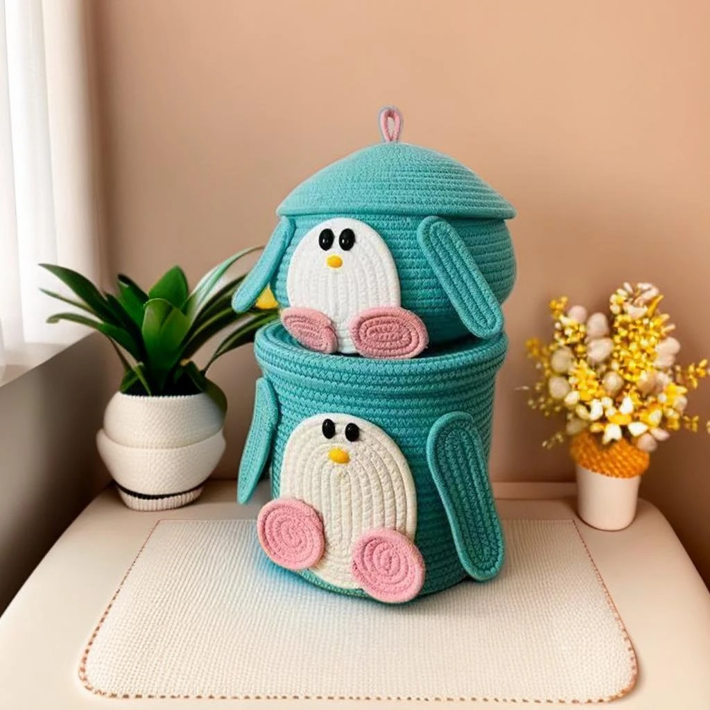 企鹅棉绳带盖杂物收纳筐零食玩具桌面收纳盒编织收纳筐桶可爱卡通