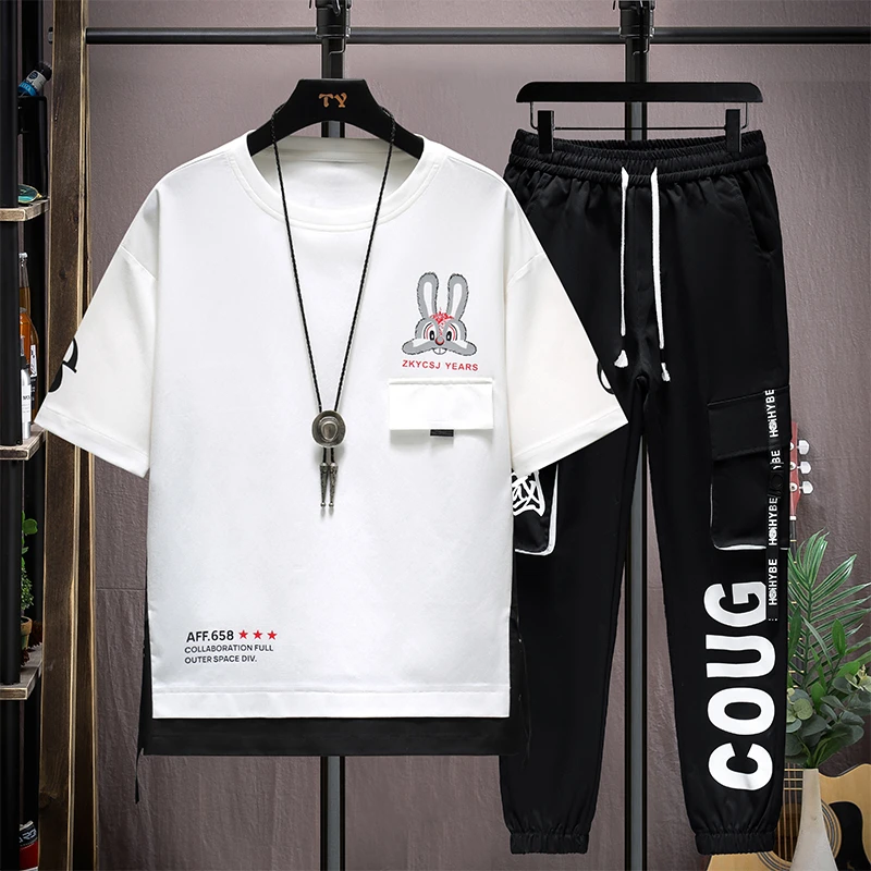 中学生圆领短袖男夏季胖子休闲运动套装帅气夏装青少年青年男孩