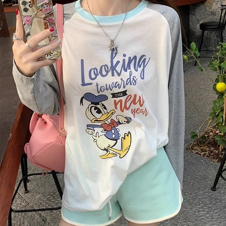 ~【唐老鸭】卡通减龄插肩袖薄款雪花棉上衣长袖