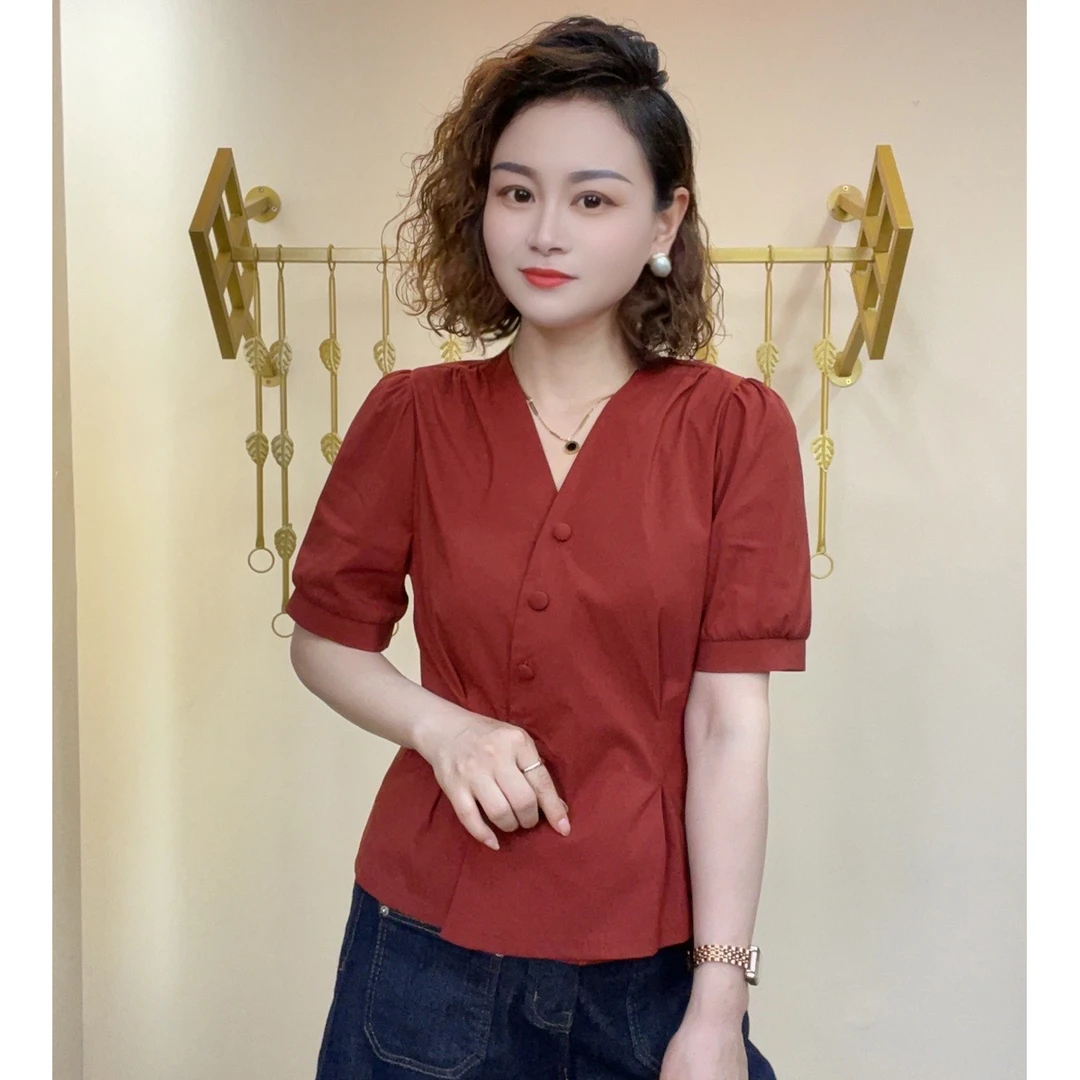 2024款新品时尚打底衫百搭显瘦纯色半袖T恤设计感女士上衣
