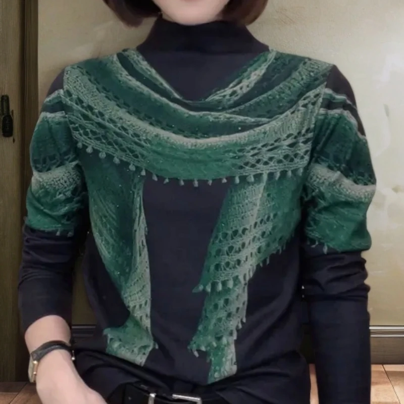 3861秋冬新款T恤时尚百搭设计感假围巾减龄女士打底衫