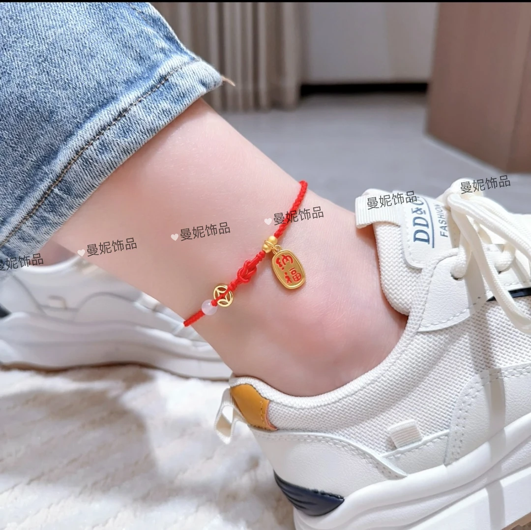 铜合金布艺脚链 新品时尚铜币纳福吊坠红绳脚链