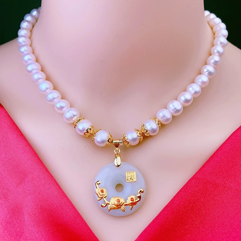 铜合金玻璃吊坠 秋冬新款时尚百搭花开富贵平安扣吊坠项链（X一2）