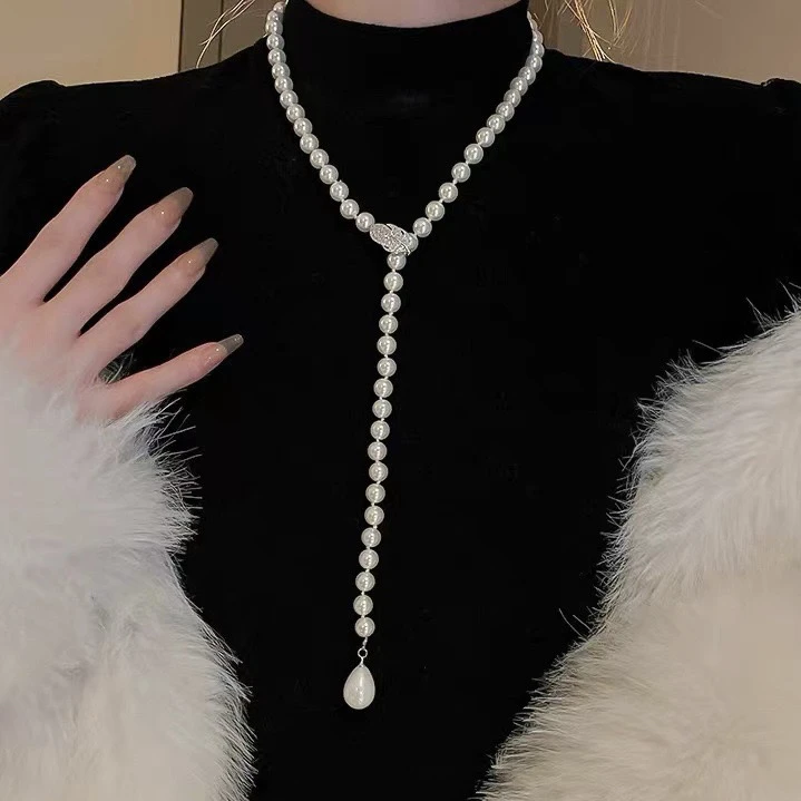 铜合金仿珍珠项链 秋冬新款时尚百搭麦穗水滴长款毛衣链
