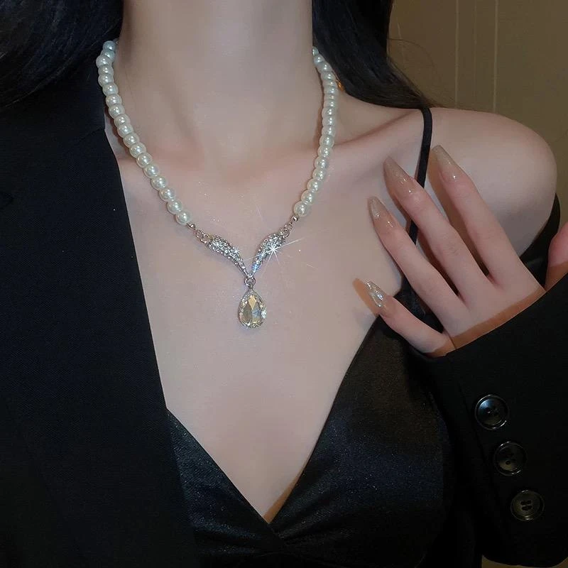 铜合金树脂项链 经典小众圆珠满钻水滴项链耳钉两件套（X2-5）