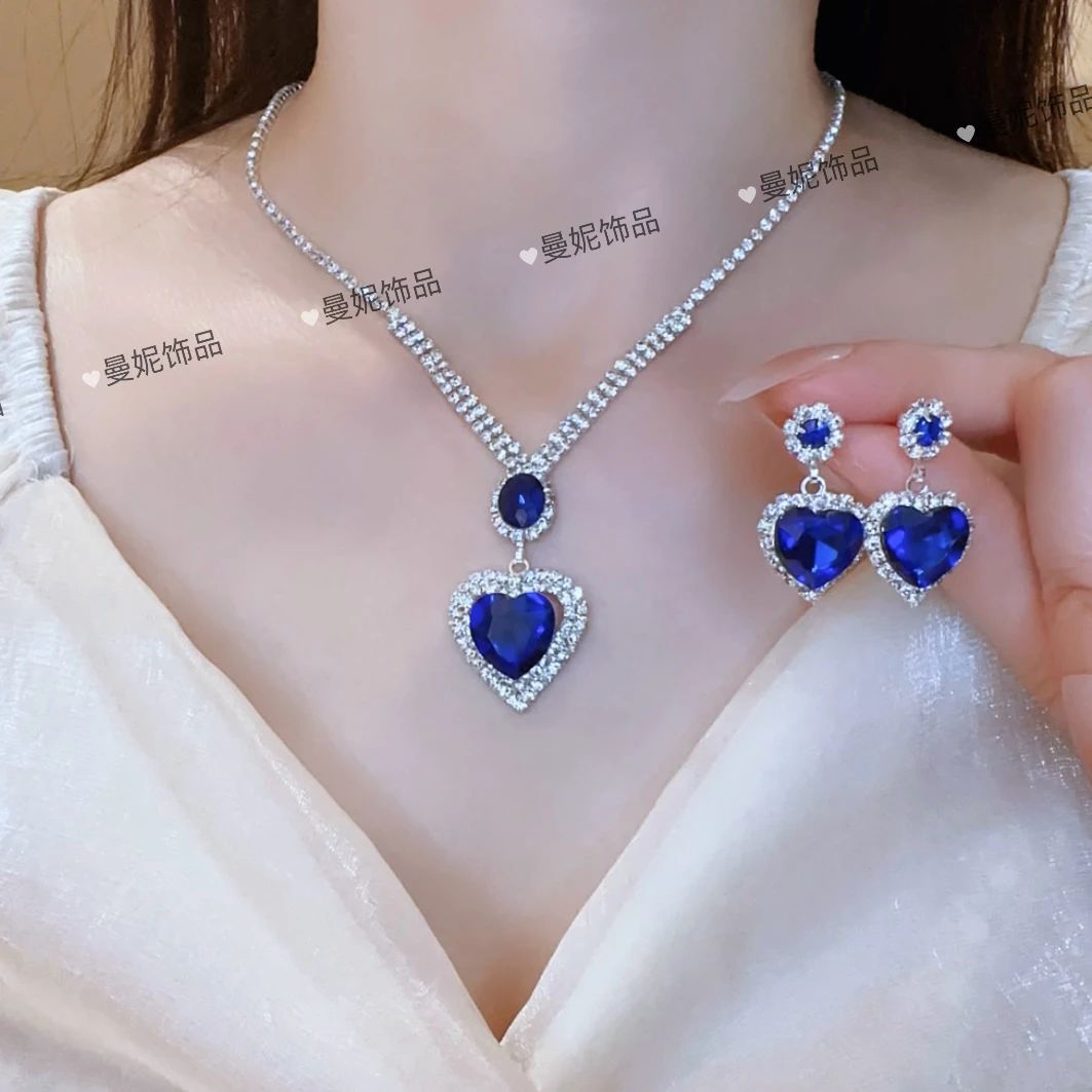 铜合金合成锆石吊坠 轻奢时尚气质桃心形水滴吊坠项链耳环两件套