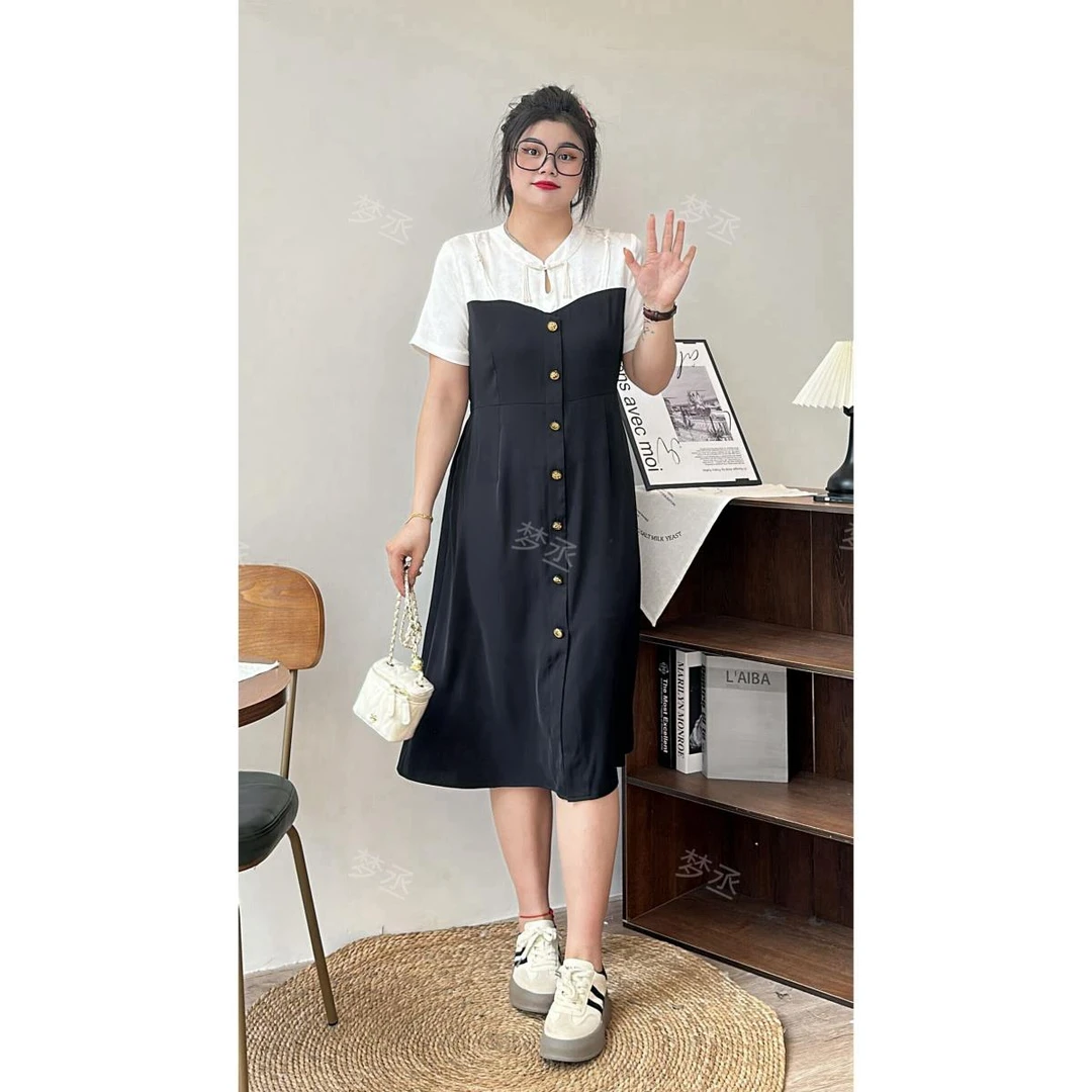 【简若】孟孟推荐胖妹妹大码显瘦纽扣纯色系少女感手工显瘦连衣裙