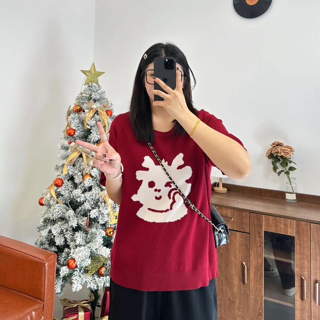 【孟孟推荐】大码女装高级感龙年卡通刺绣宽松显瘦遮肚针织衫