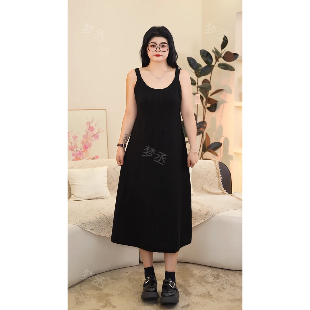 【孟孟推荐】大码女装法式赫本风气质感遮肉显瘦内搭黑色吊带连衣裙