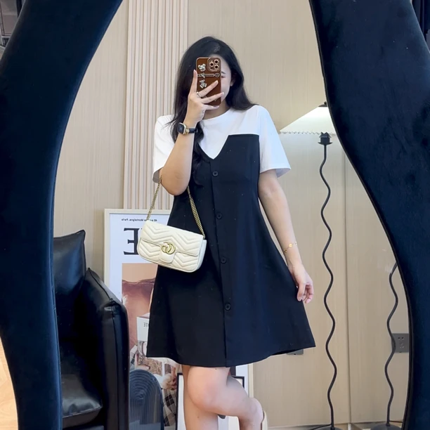 小香假两件圆领连衣裙大码女装胖妹妹夏季新品显瘦短袖裙子73715
