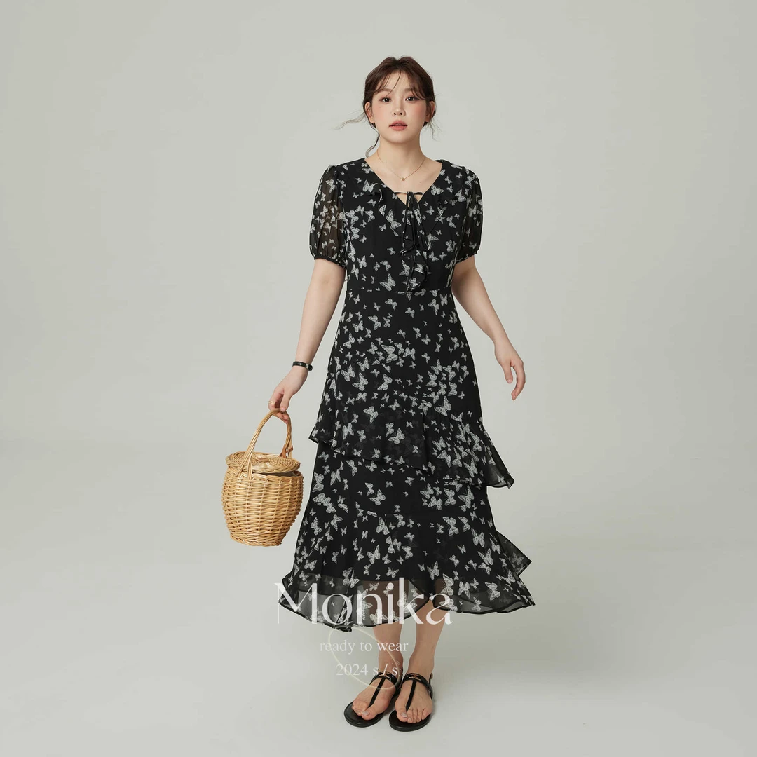 大码女装连衣裙女2024夏季新款宽松雪纺V领碎花木耳连衣裙N8963