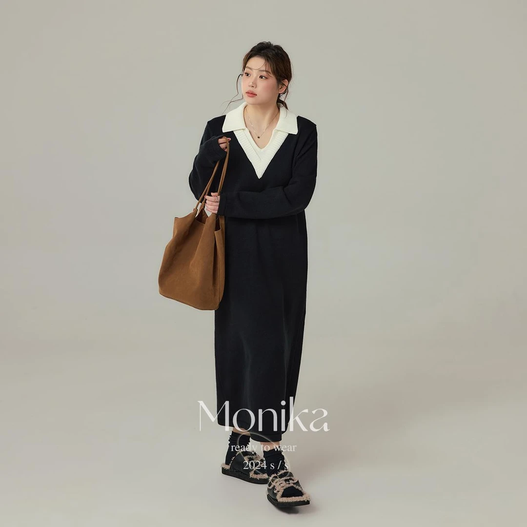 大码女装胖mm假两件拼接针织连衣裙女冬季气质翻领中长裙15529