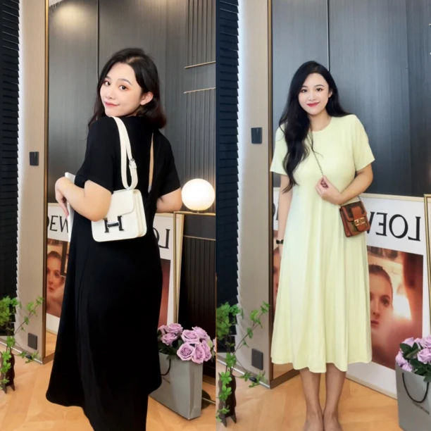 简简单单后背开衩T恤裙微胖大码女装显瘦圆领短袖连衣裙子73706