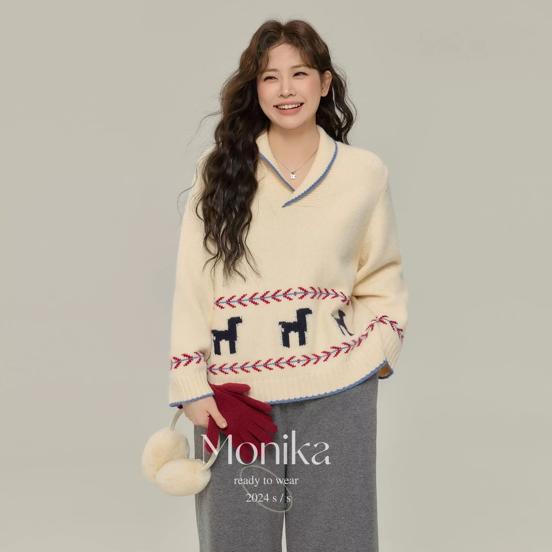 大码女装胖mm撞色翻领保暖毛衣女秋冬宽松慵懒风针织衫上衣15531