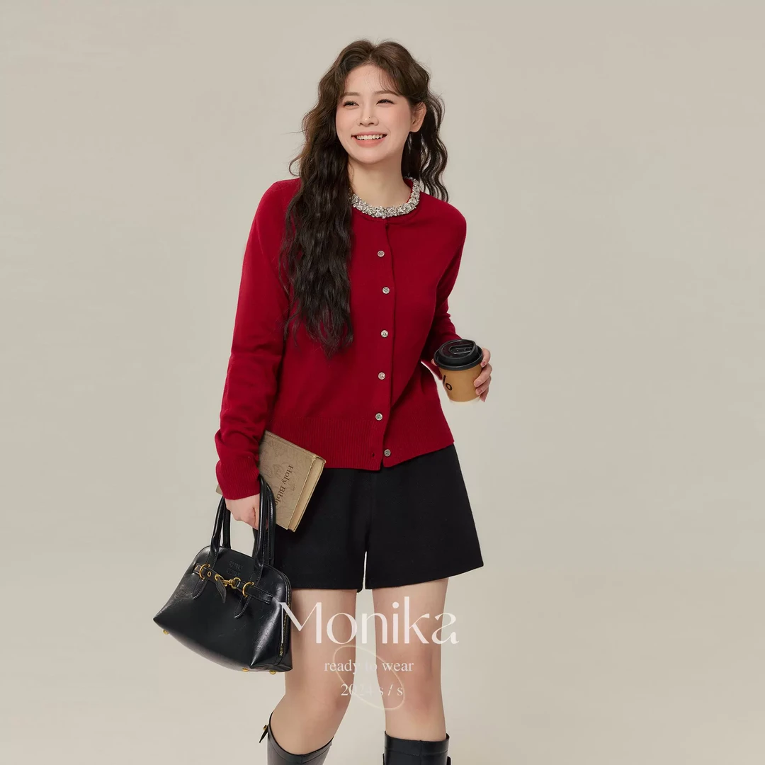 大码女装胖mm秋冬新款镶钻针织开衫15533