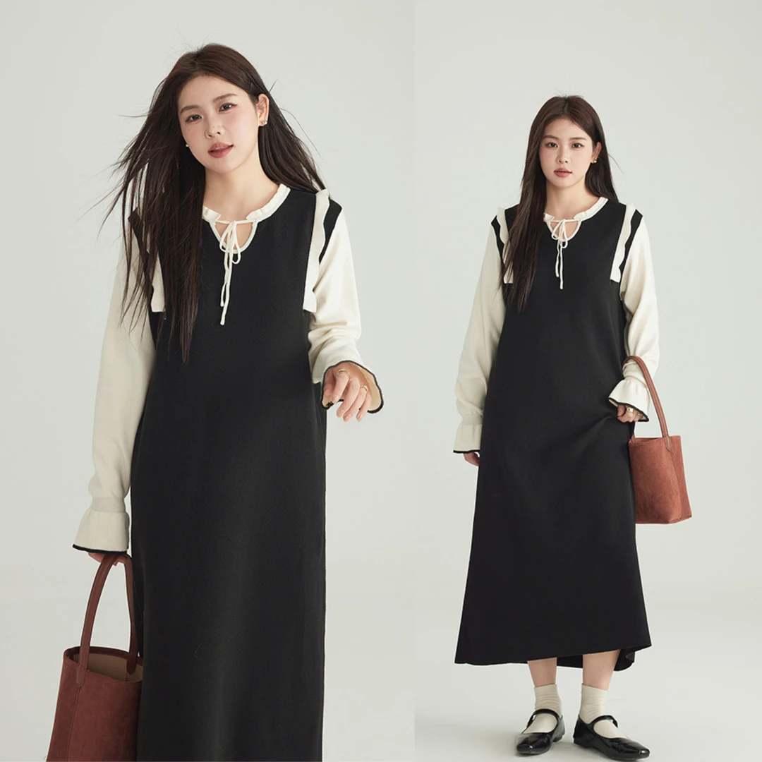木耳边喇叭袖连衣裙大码女装2023秋冬新款显瘦气质针织裙子15352