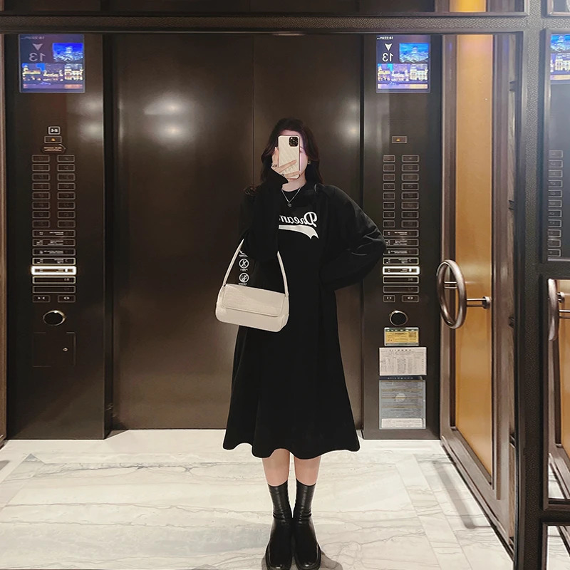 大码女装2023春款休闲长款宽松裙子胖mm显瘦印花卫衣连衣裙72535