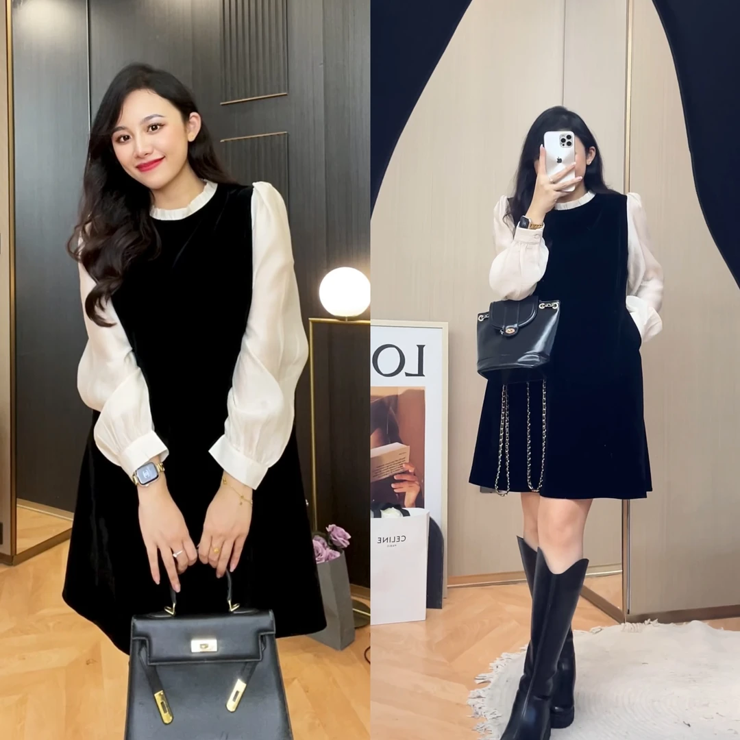 大码女装2024春秋装新款赫本风撞色拼接丝绒连衣裙73968