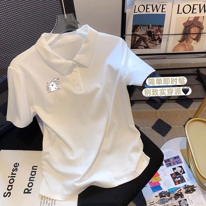 夏季黑色polo衫正肩女纯棉t恤短袖修身显瘦百搭套头翻领减龄上衣