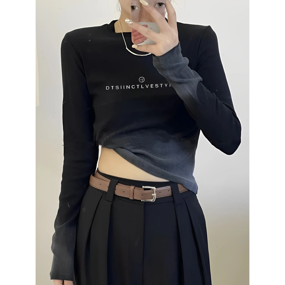 2024新款春秋撞色黑色渐变扎染正肩圆领长袖T恤女修身上衣打底衫