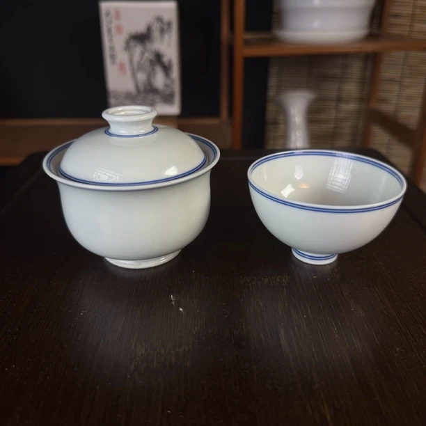 景德镇陶瓷 高温 青花双线白胎套组 两才盖碗 单杯小容量纯手工