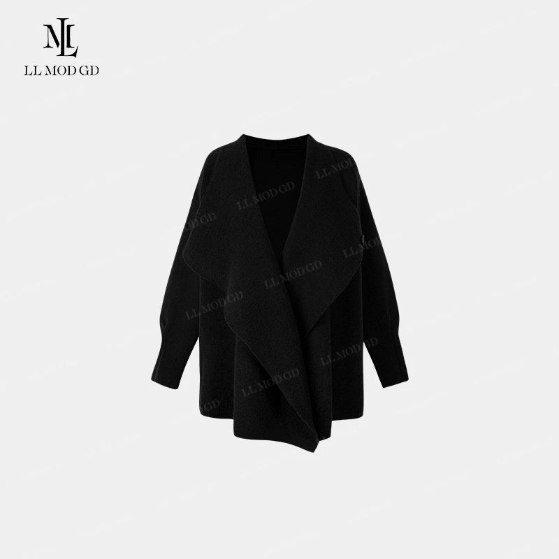 绝世佳人 纯色宽松外套女款秋冬季百搭黑色长袖针织外套LL-255566
