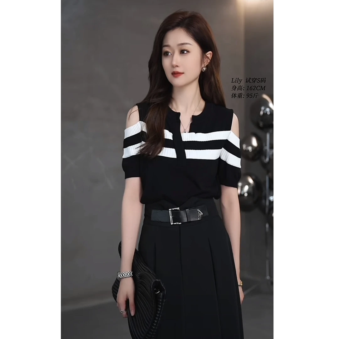 LL·MOD·GD设计感条纹拼色针织半袖上衣LL-251490