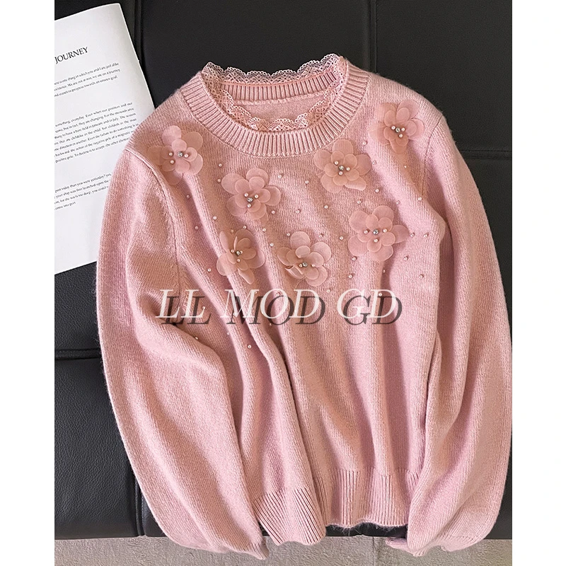 桃花酒 长袖宽松毛衣女款秋冬保暖百搭圆领套头针织上衣YL-254980