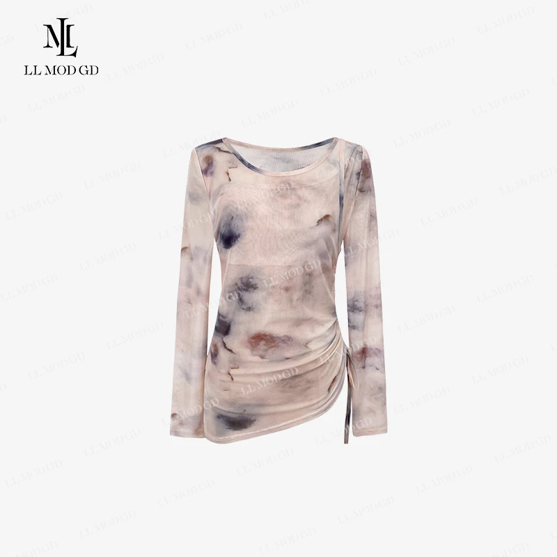 童年梦境 防晒扎染长袖T恤女夏季抽绳性感露肩渐变印花YL-252355