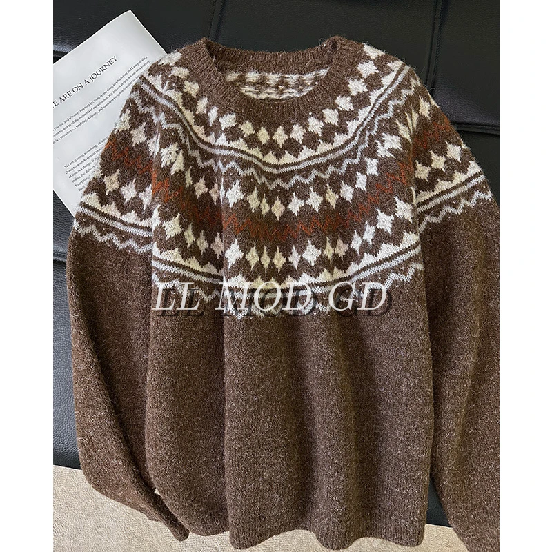 厄尔多的冬 长袖圆领毛衣女款秋冬宽松咖色百搭针织上衣YL-254782