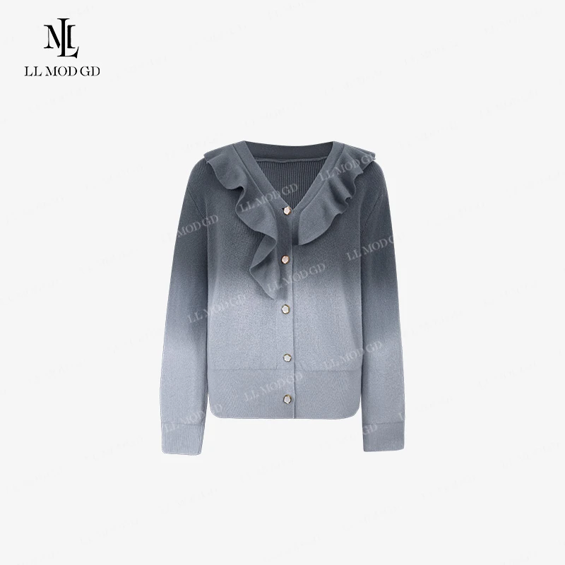 闲日柔彩  长袖V领针织衫秋冬女款渐变宽松慵懒毛衣上衣LL-252640