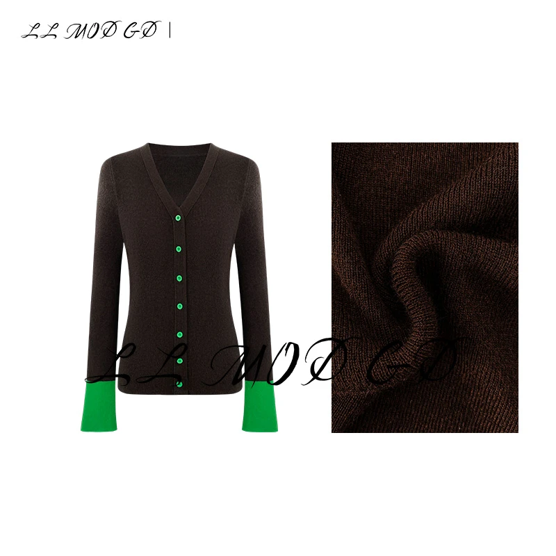 LL MOD GD |新款长袖经典拼色V领羊毛针织打底上衣HLL-240386