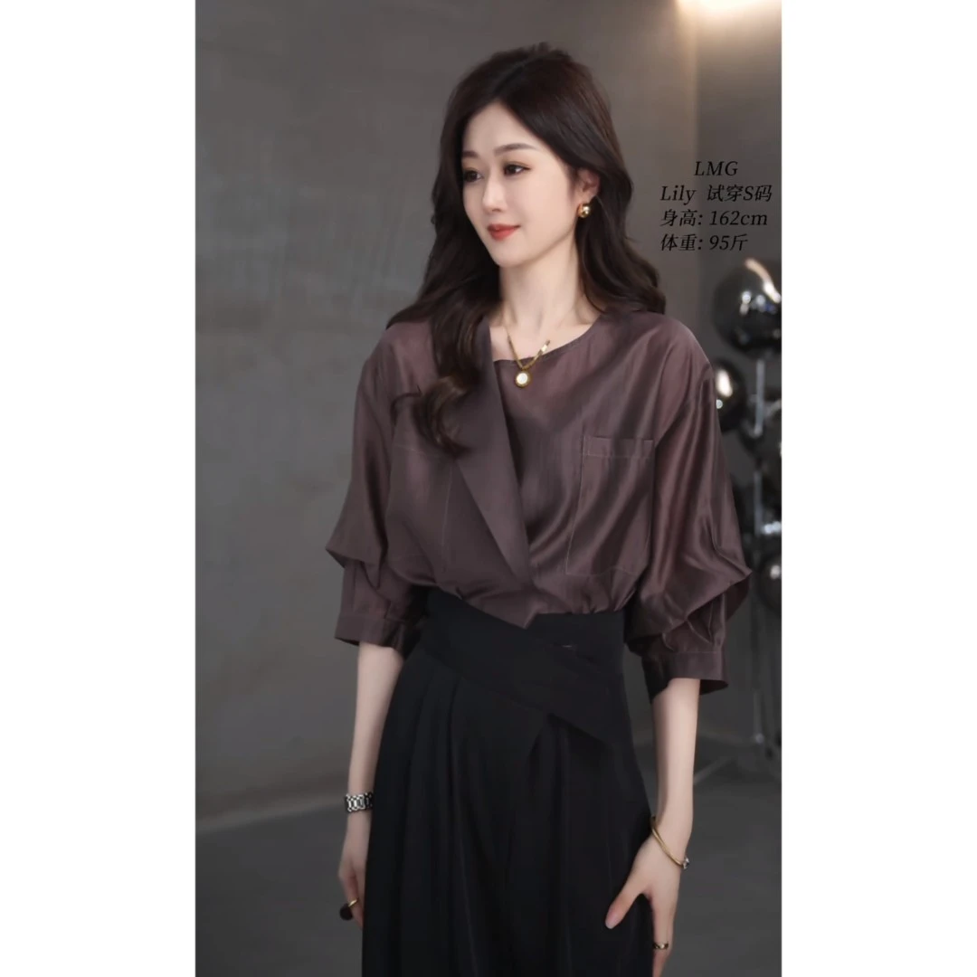 【莉莉家】通勤独特领口设计感衬衣2024夏时尚小众上衣YL-251983