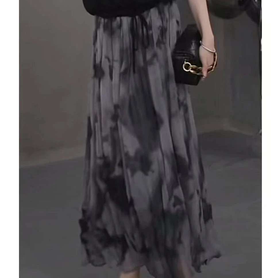 LL·MOD·GD复古松紧腰女2024夏水墨画高腰显瘦半身裙YL-251635