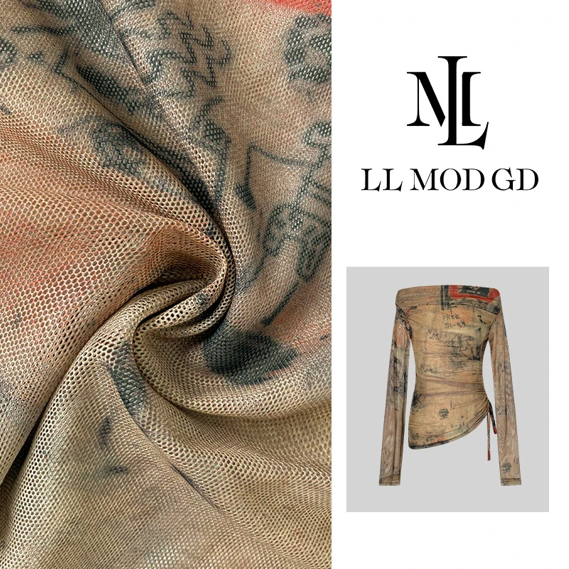 LL·MOD·GD新款抽褶不规则设计花色时尚百搭针织T恤250677