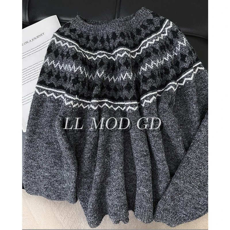 潮流前线 圆领长袖毛衣女秋冬宽松保暖厚款百搭针织上衣YL-254738